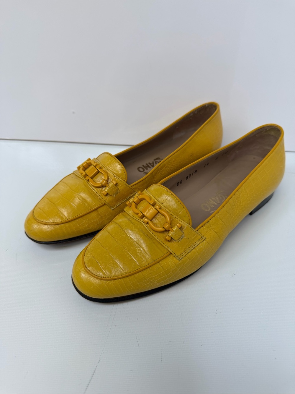 Salvatore Ferragamo Yellow Croc-Embossed Leather Loafers, 6